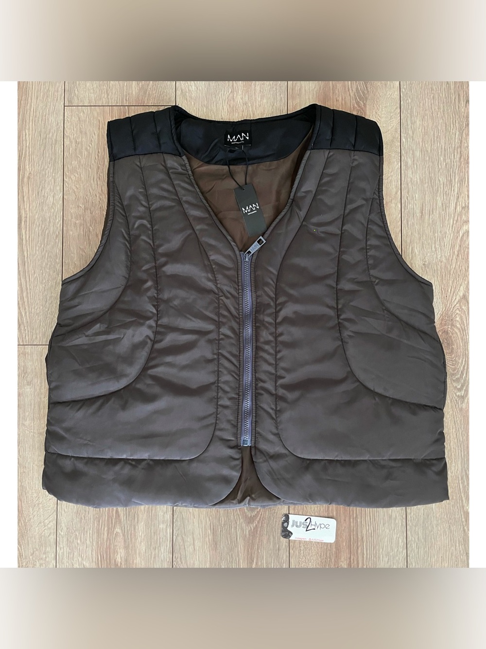 BOOHOO MAN Quilted Brown Vest with Black Shoulder Panels